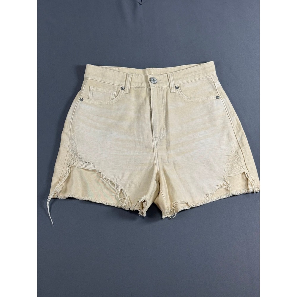 American Eagle Womens High Waisted Distressed Denim Shorts Tan Khaki Frayed Hem
